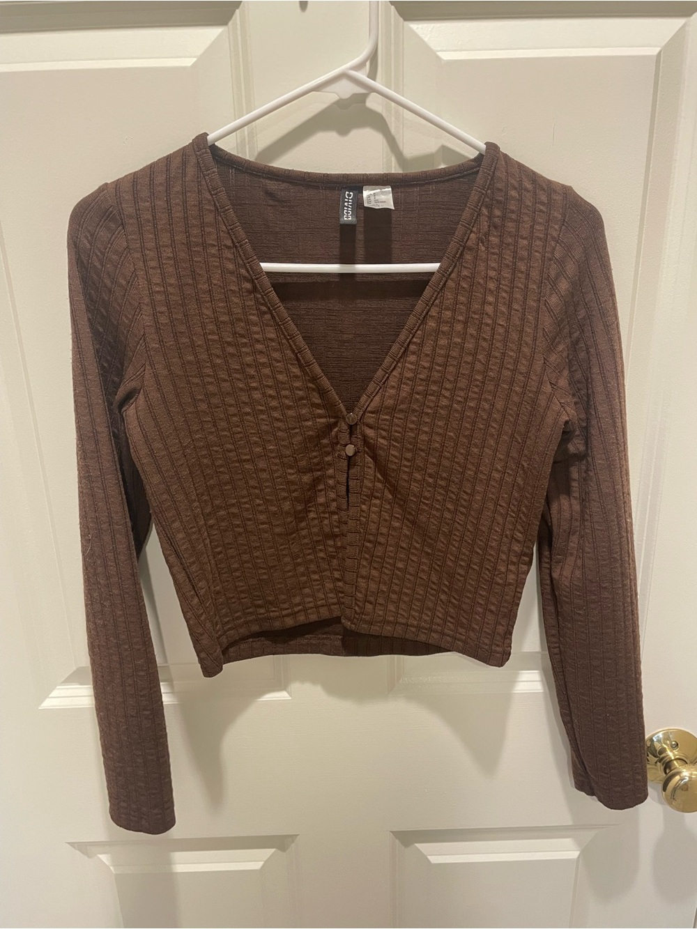 H&M Chocolate Brown Ribbed V-Neck Long Sleeve Top
